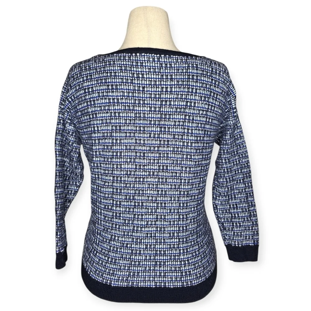 J.Crew Blue Plaid Tweed Knit Wool Blend Sweater Large 3/4 Sleeve